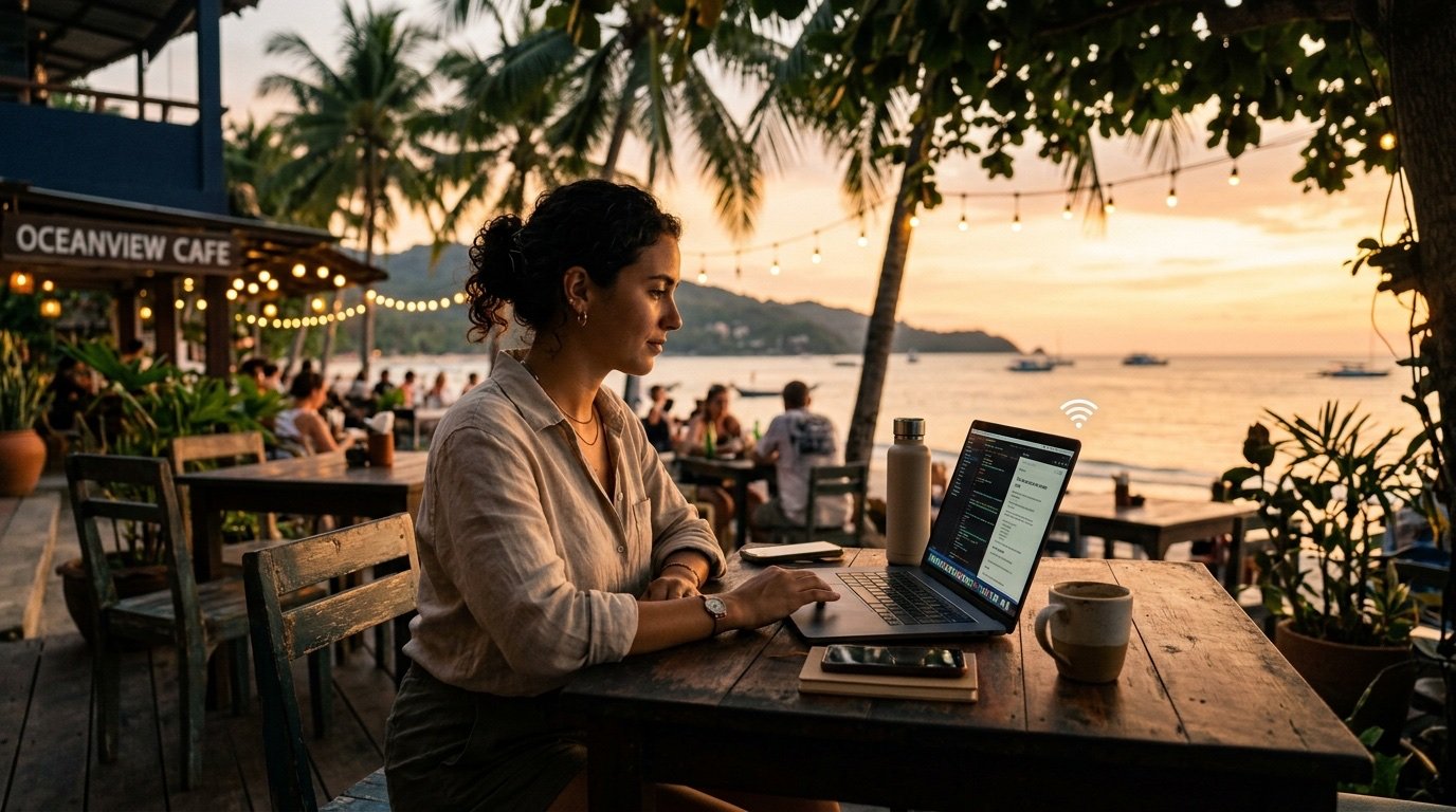 An online personal trainer watching a client's full-body exercise form on a laptop screen positioned for a clear camera angle